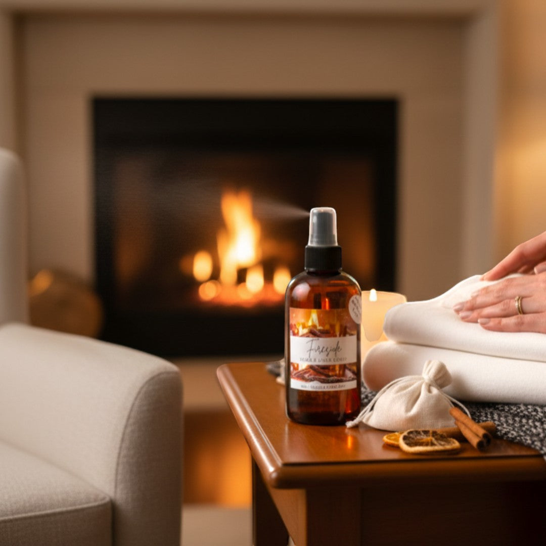 Doodlations Coffee Bar & Boutique Fireside room and linen spray with notes of smoke, wood, clove, amber, sandalwood, and patchouli.