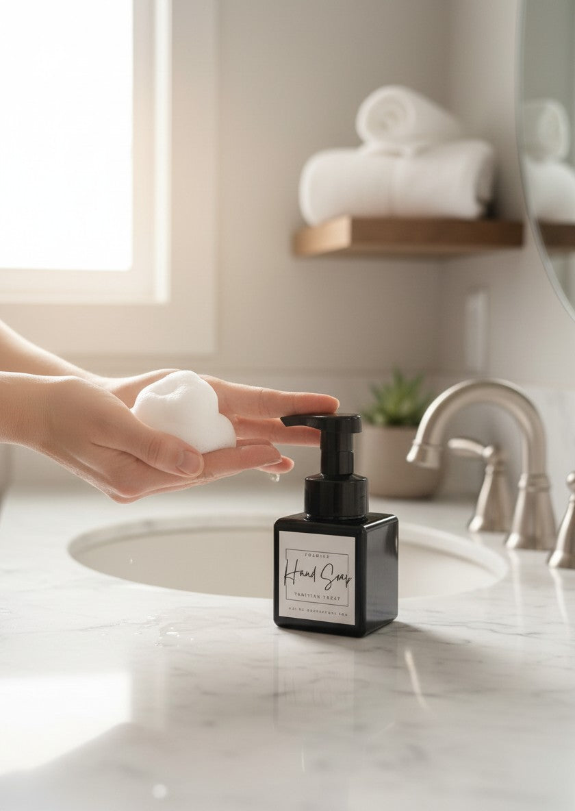 Doodlations Coffee Bar & Boutique Tahitian Treat foaming hand soap in a black square bottle with a black pump dispenser.
