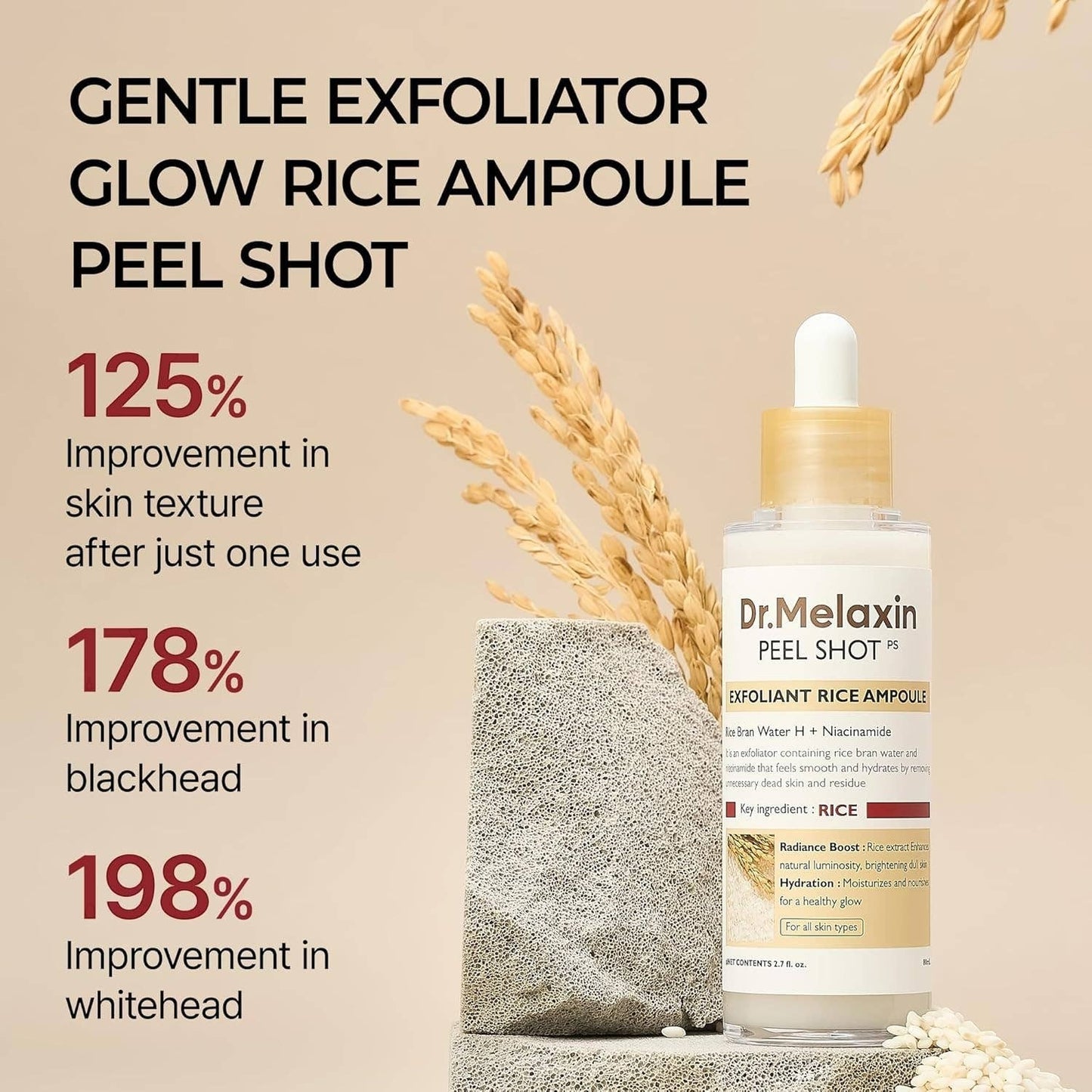 Doodlations Coffee Bar & Boutique Dr. Melaxin Glow Rice Ampoule Peel Shot with niacinamide and rice extract for exfoliation and hydration.