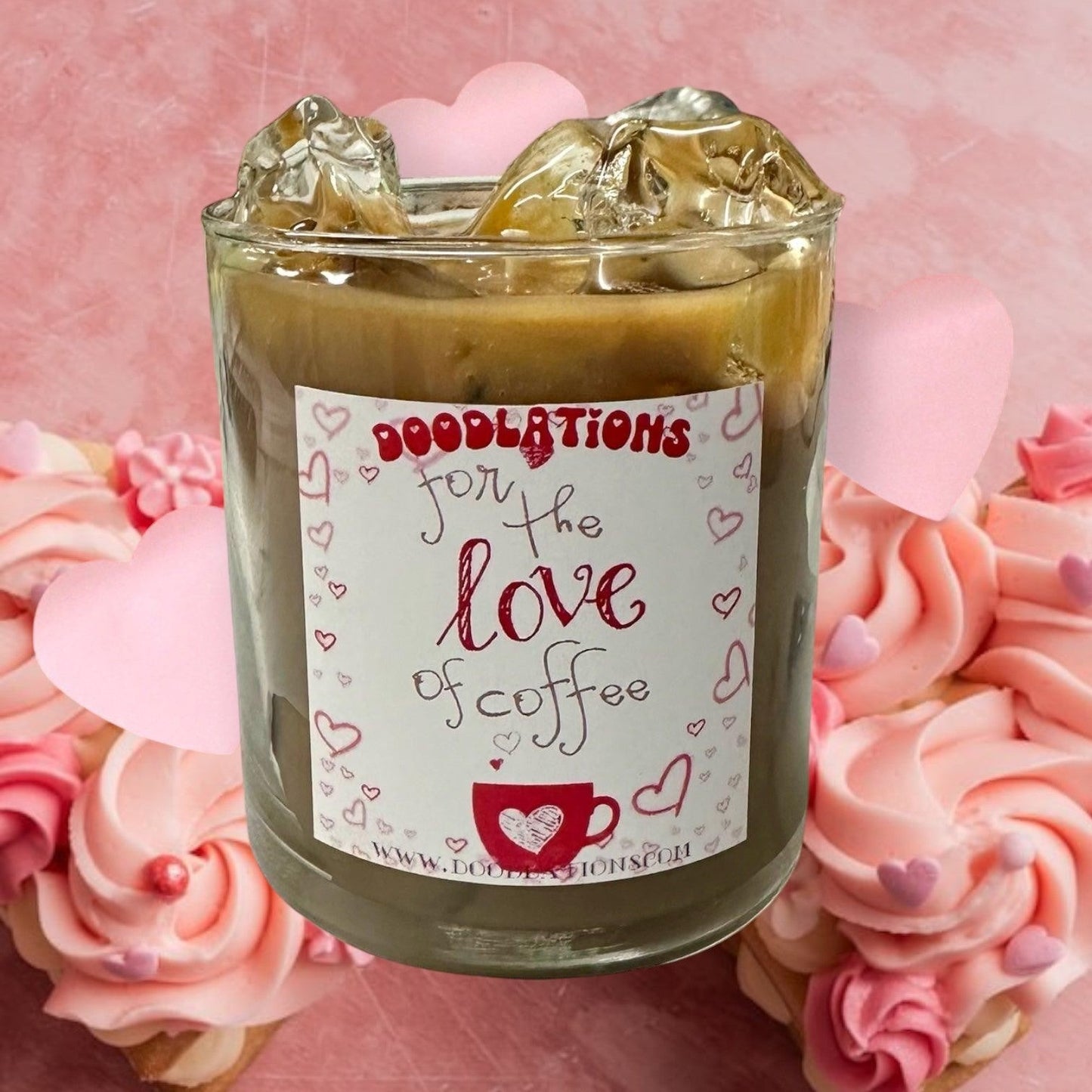 Doodlations Iced Hazelnut Coffee candle in a glass jar with a label that says "for the love of coffee".