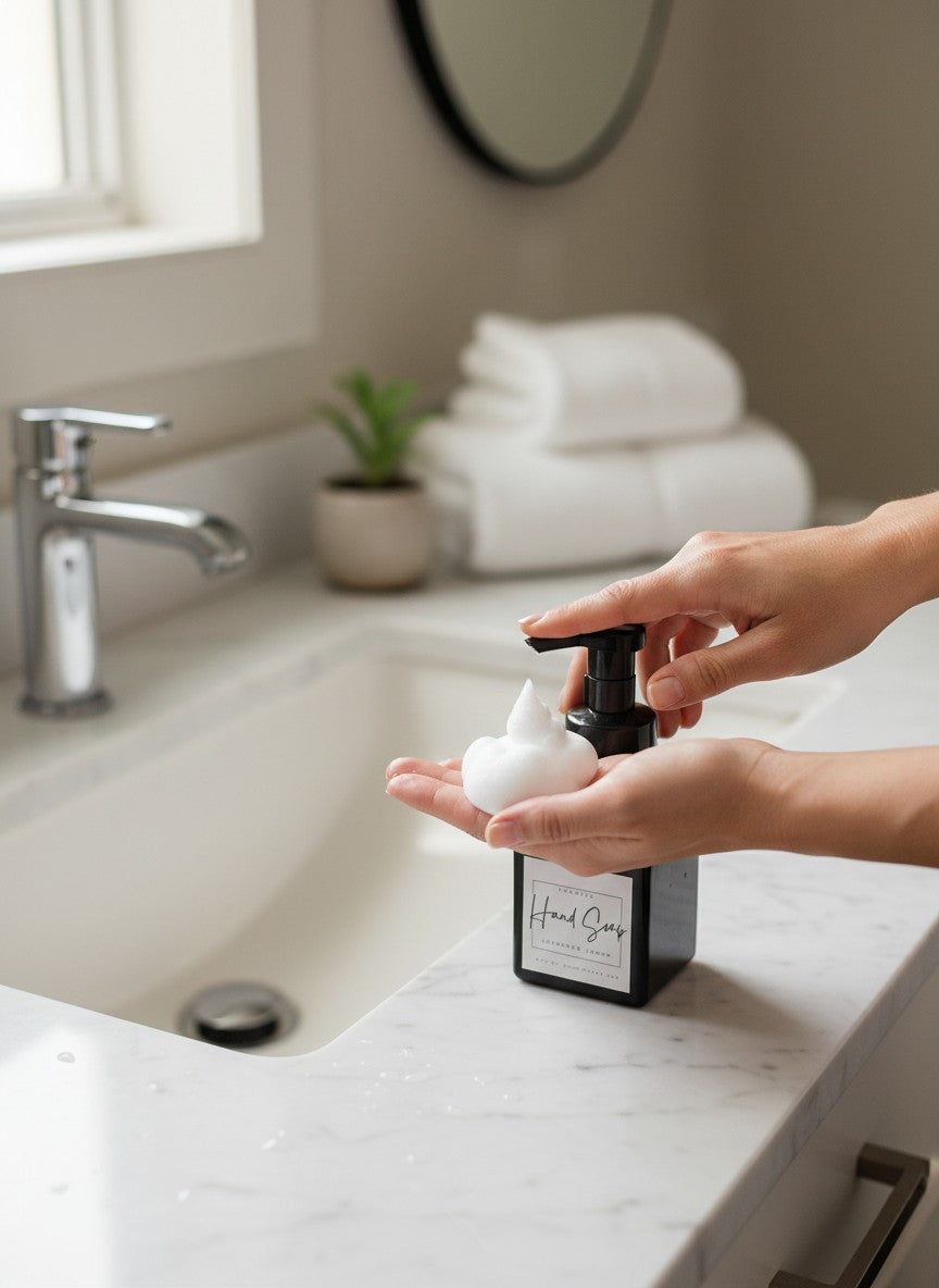 Doodlations Coffee Bar & Boutique Lavender & Lemon foaming hand soap in a black square bottle with a white label.