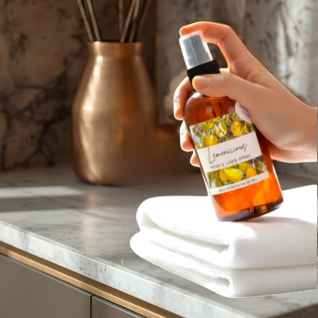 Doodlations Coffee Bar & Boutique Lemonicious Room & Linen Spray with fresh lemon scent, amber bottle.
