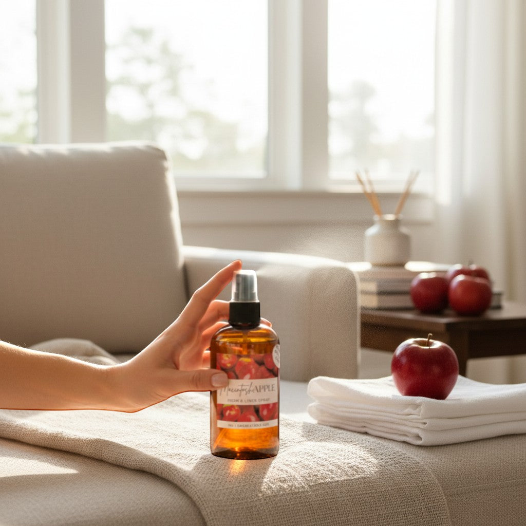 Doodlations Coffee Bar & Boutique Macintosh Apple Room & Linen Spray in amber bottle with spray mist. Fresh scent for home.