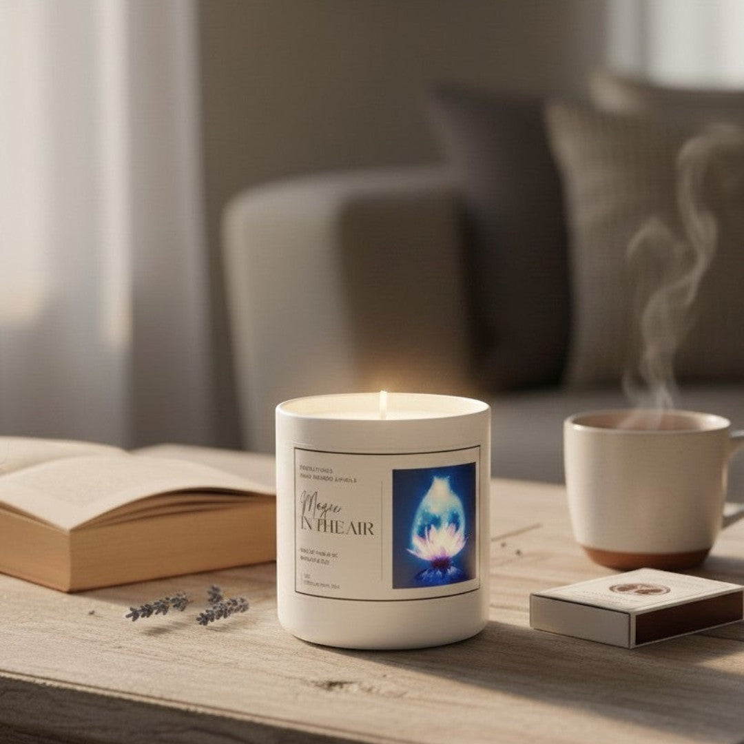 Doodlations Coffee Bar & Boutique Magic in the Air candle with a hand reaching towards it, set on a table with a book and mug.