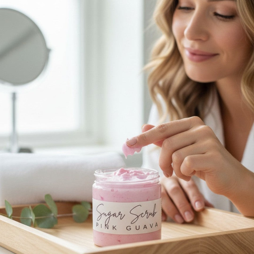 Doodlations Coffee Bar & Boutique Pink Guava Sugar Scrub in a clear jar with whipped texture and pink hue.