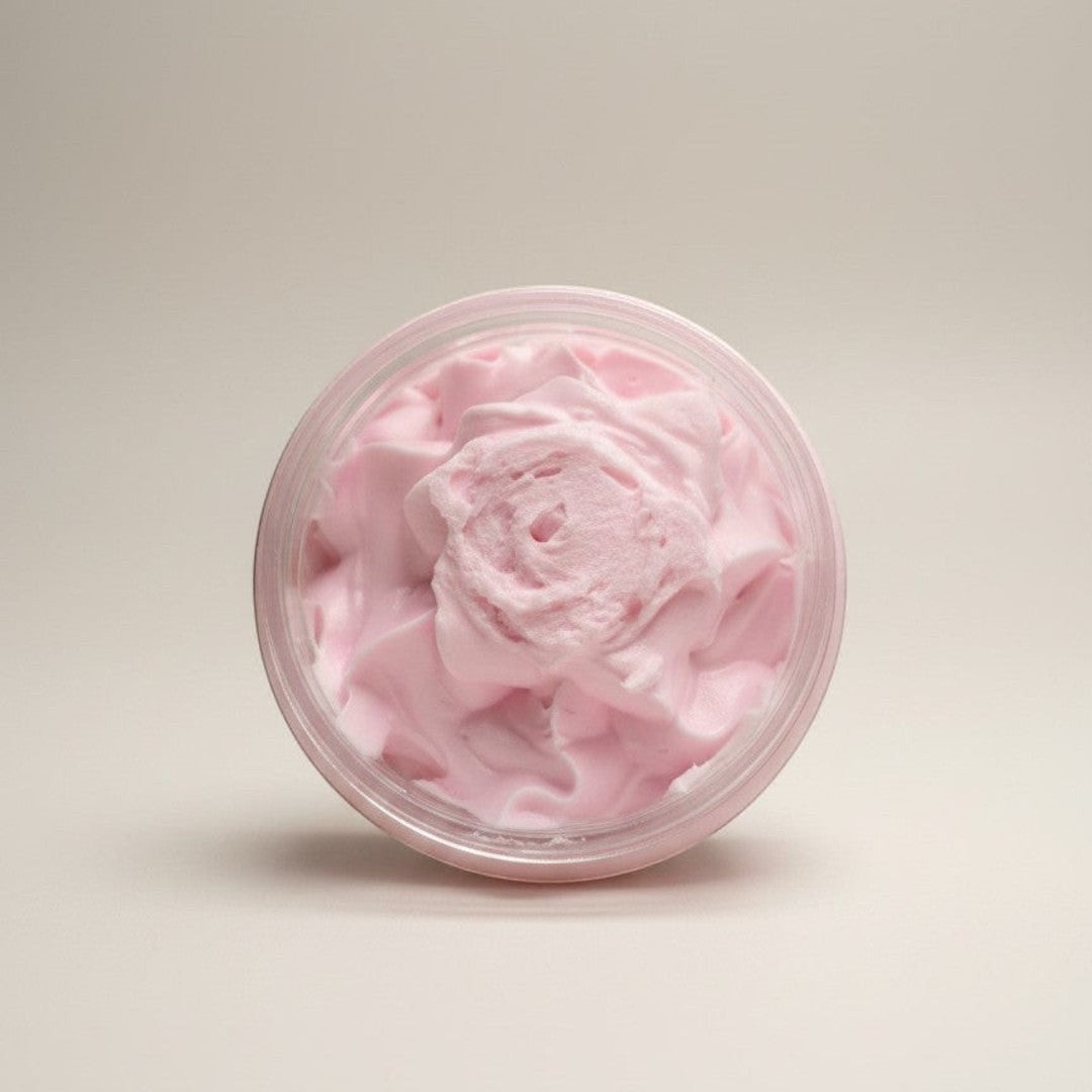 Doodlations Coffee Bar & Boutique Pink Guava Whipped Soap in a jar, a fluffy pink body soap with grape seed oil.