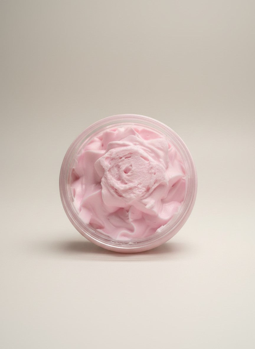 Doodlations Coffee Bar & Boutique Pink Guava Whipped Soap in a jar, a fluffy pink body soap with grape seed oil.