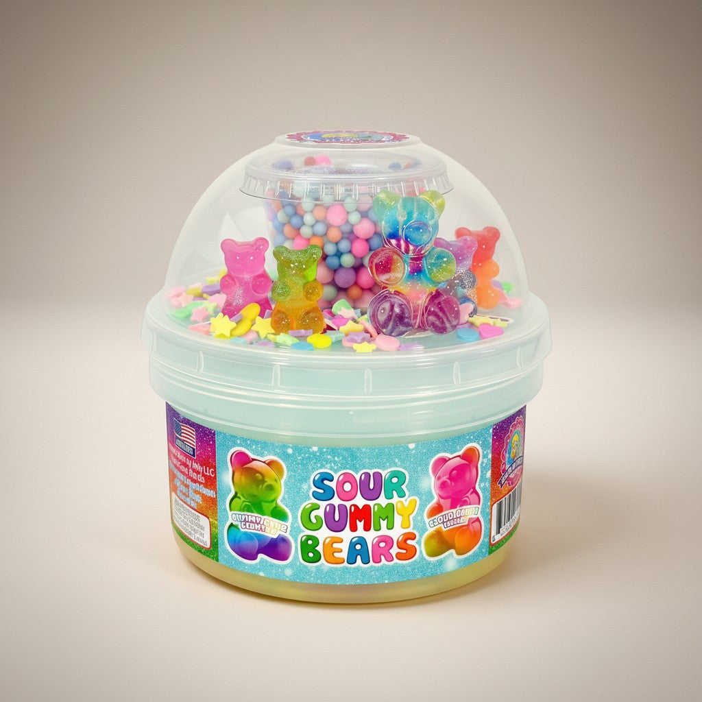 Doodlations Sour Gummy Bears cloud dough slime in teal, with gummy bear charms and colorful confetti.