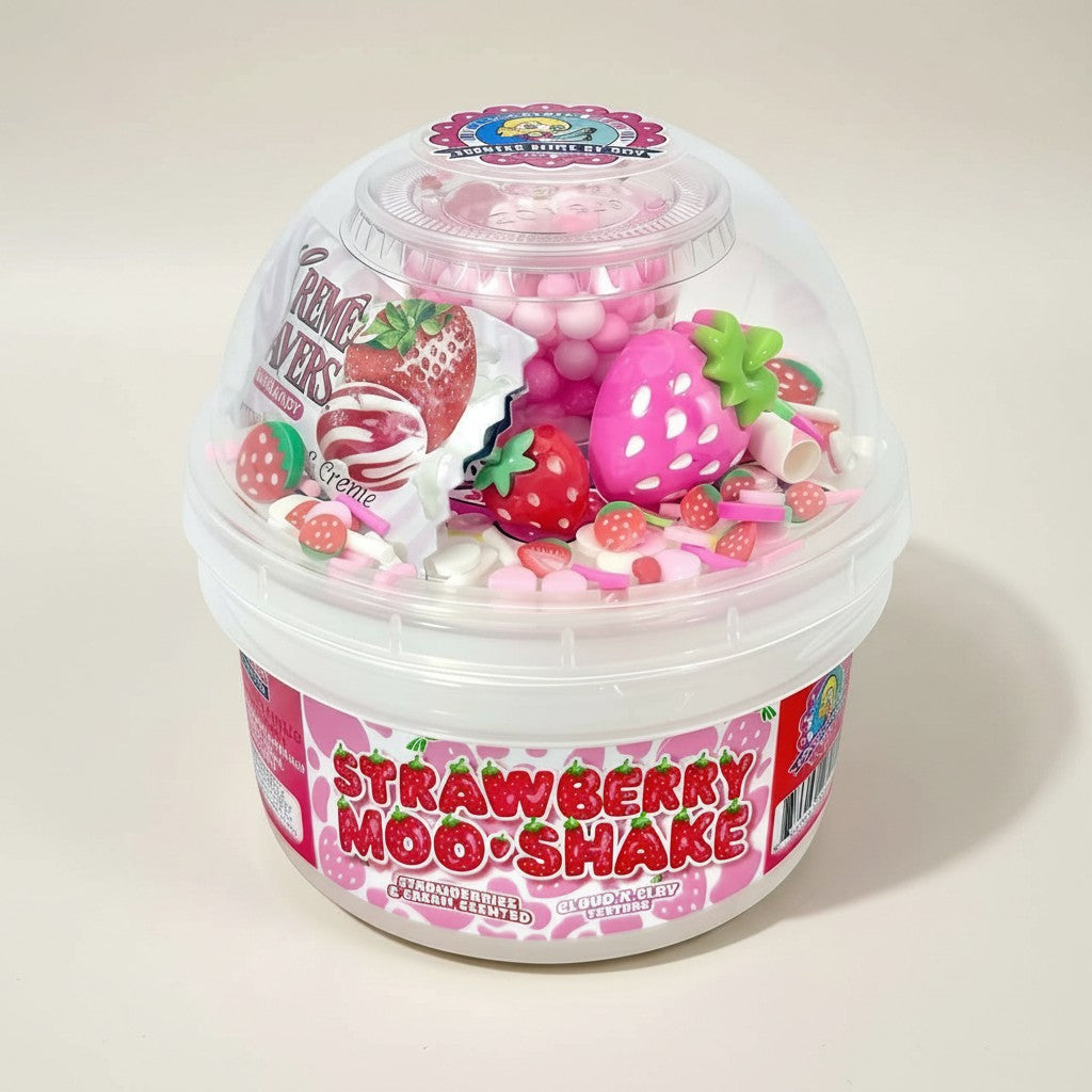 Doodlations Strawberry Moo-Shake slime with pink, white, and red swirls, strawberry and milkshake charms, and floam beads.