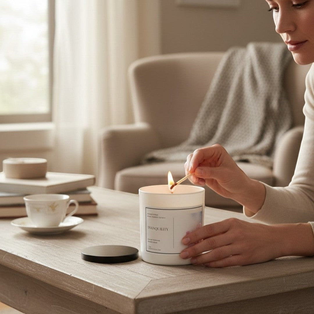 Doodlations Coffee Bar & Boutique Tranquility hand-poured soy candle with lemongrass, clove, lavender, and musk scents.
