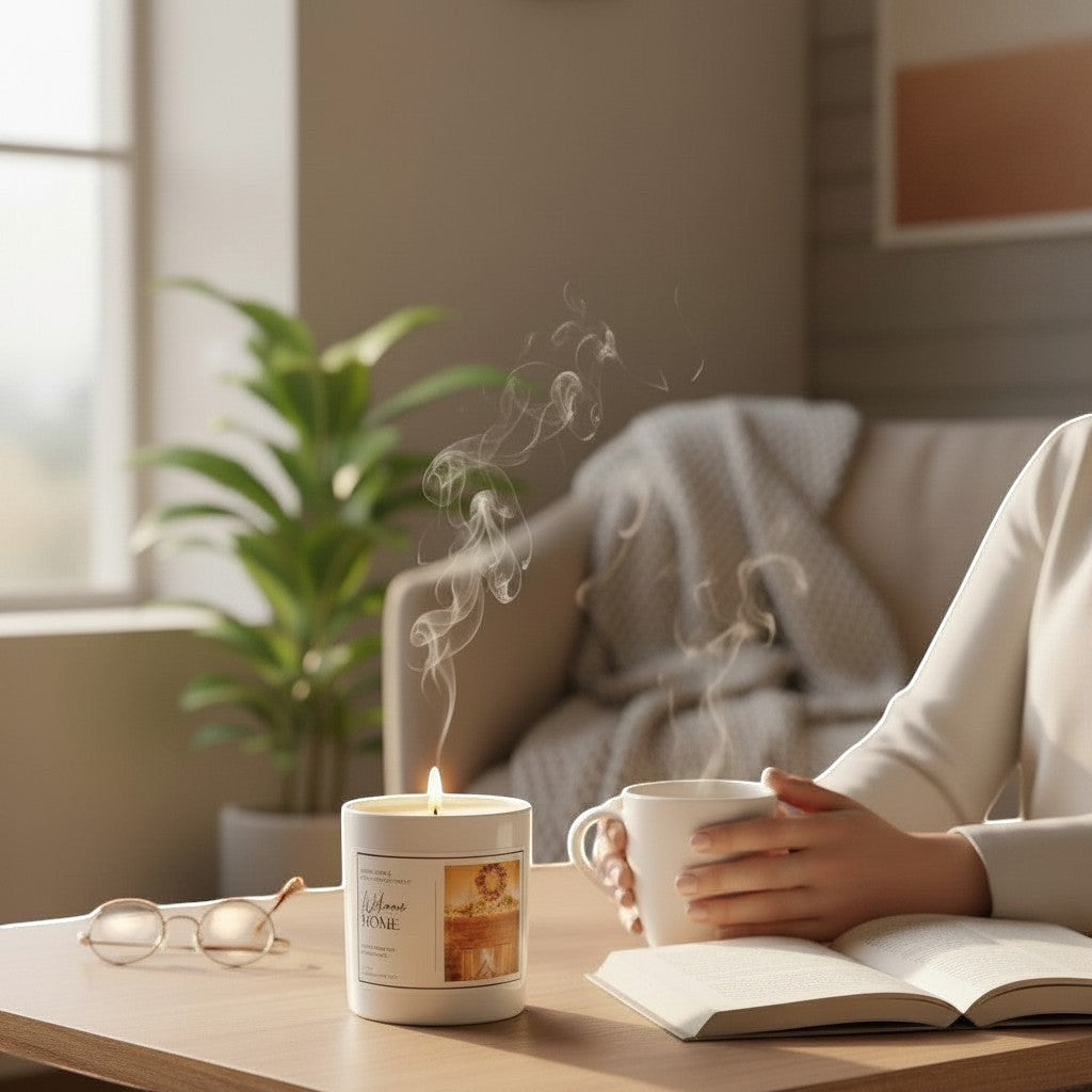 Doodlations Coffee Bar & Boutique Welcome Home candle with cinnamon, clove, and orange scent, burning in a cozy living room setting.