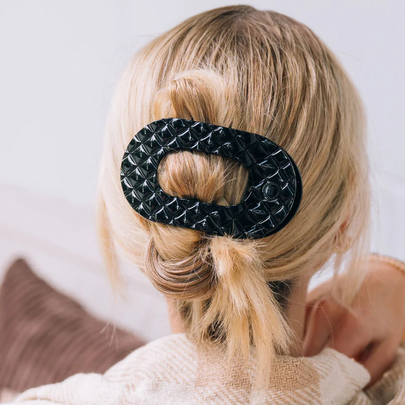 Flat Round Hair Clip | Jet Black Quilted - Sizes Available