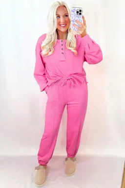 Bright Pink Henley Pullover and Jogger Pants Set