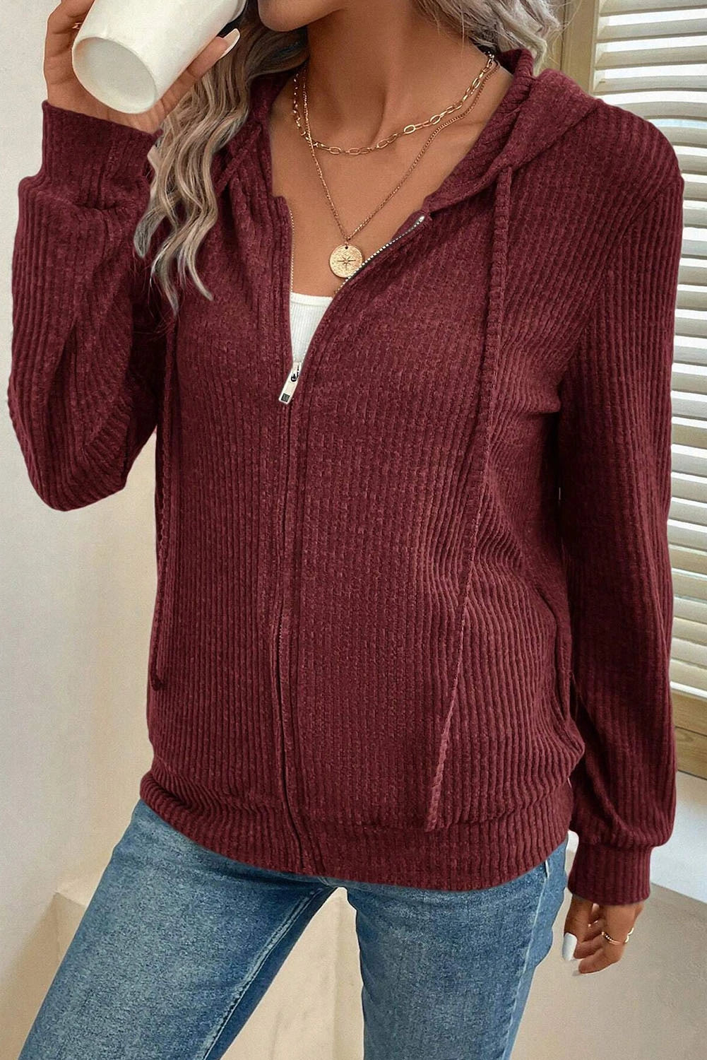Ribbed Zip Front Drawstring Hoodie
