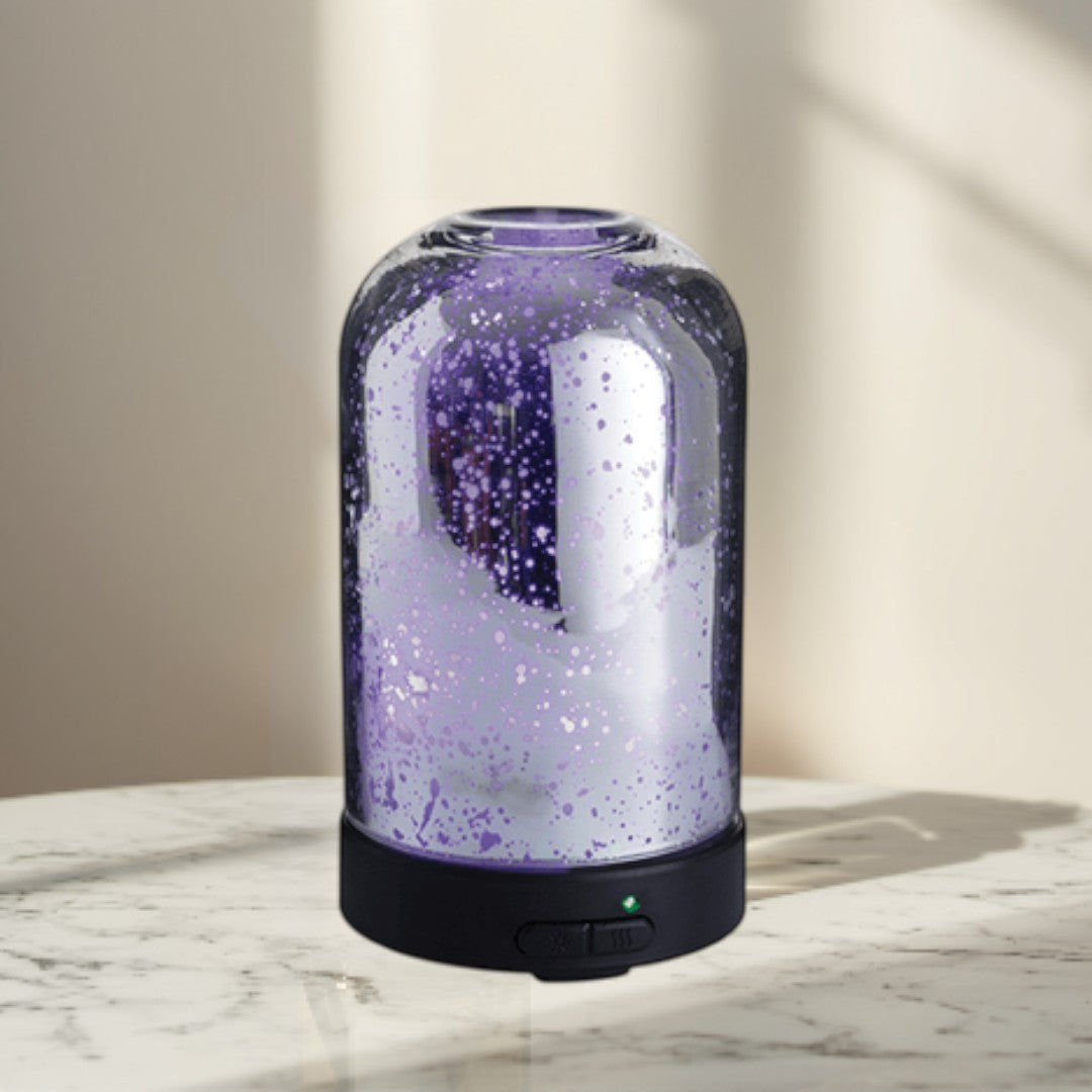 silver mercury glass dome diffuser with random holes, 100ml capacity, 7 LED colors, 2 mist modes.