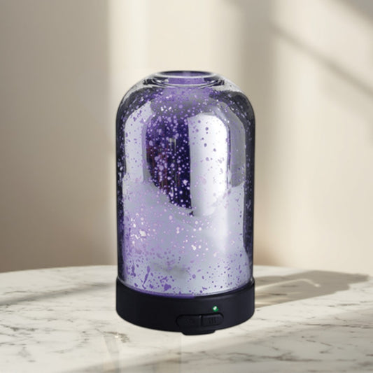 silver mercury glass dome diffuser with random holes, 100ml capacity, 7 LED colors, 2 mist modes.
