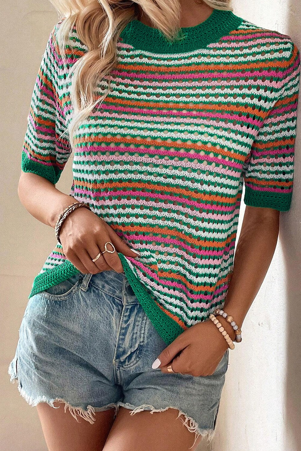 Striped Contrast Trim Pointelle Knit T Shirt