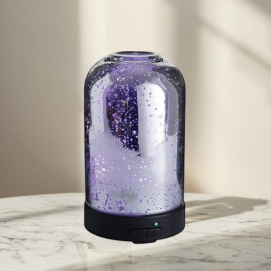 silver mercury glass dome diffuser with random holes, 100ml capacity, 7 LED colors, 2 mist modes.
