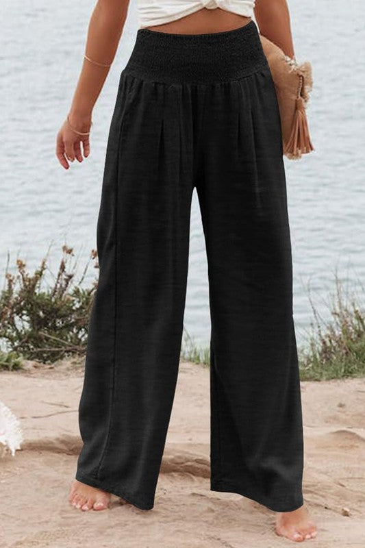 Black Shirred High Waist Wide Leg Pants