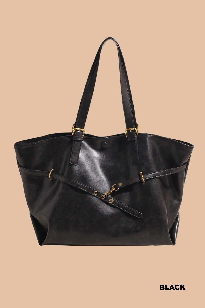 Vintage Distressed Buckled Tote Bag
