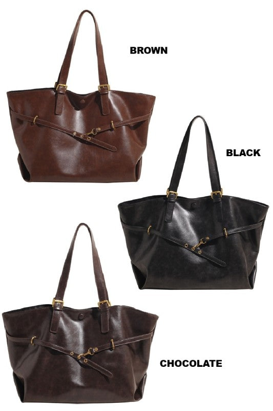 Vintage Distressed Buckled Tote Bag