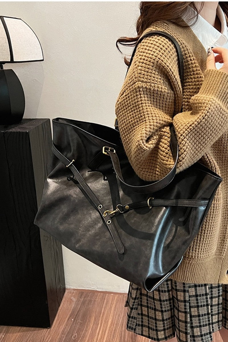 Vintage Distressed Buckled Tote Bag