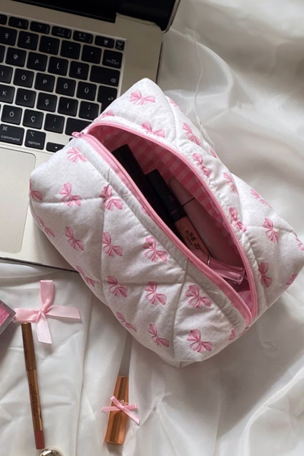 Pink Bow Quilted Makeup Bag