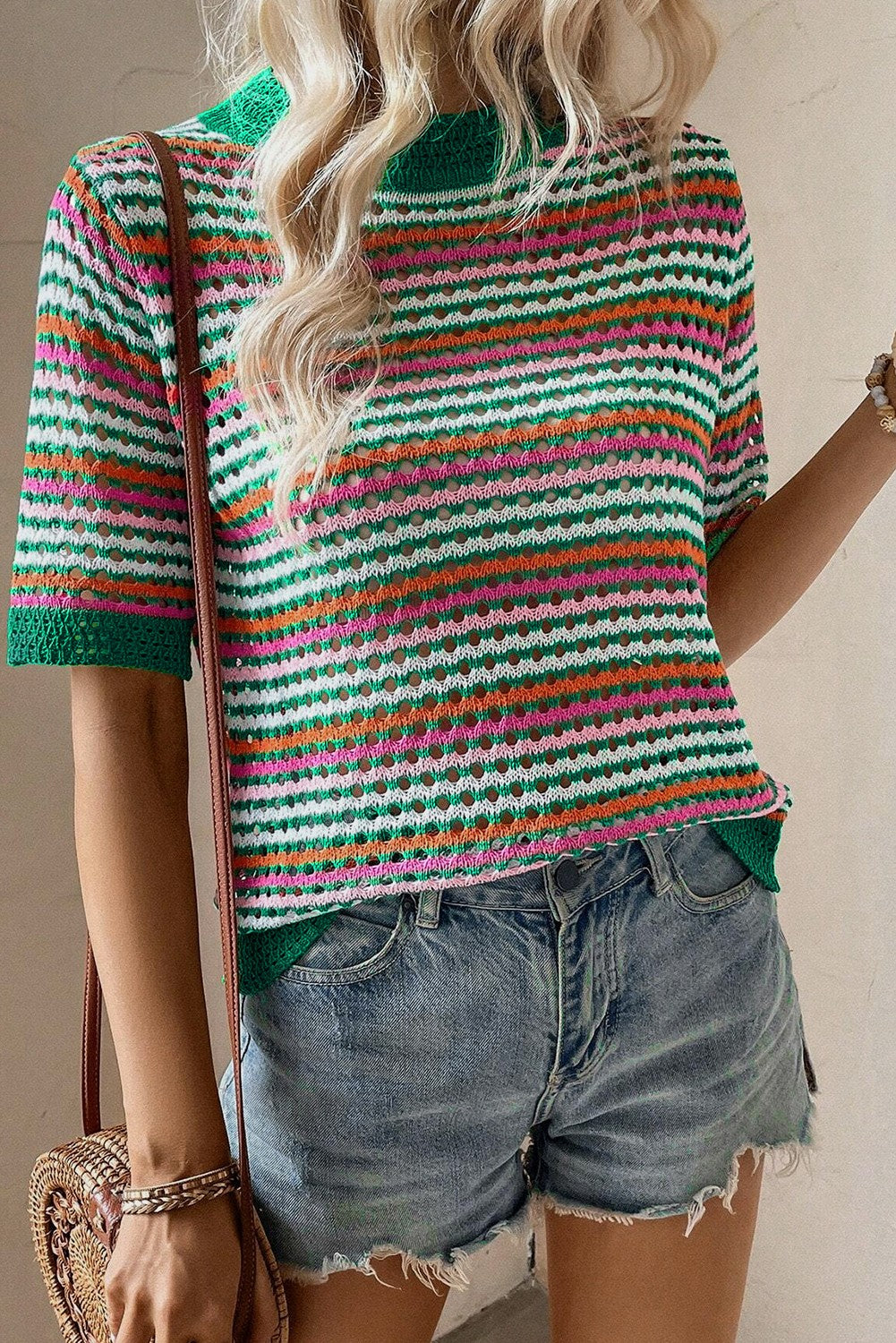 Striped Contrast Trim Pointelle Knit T Shirt