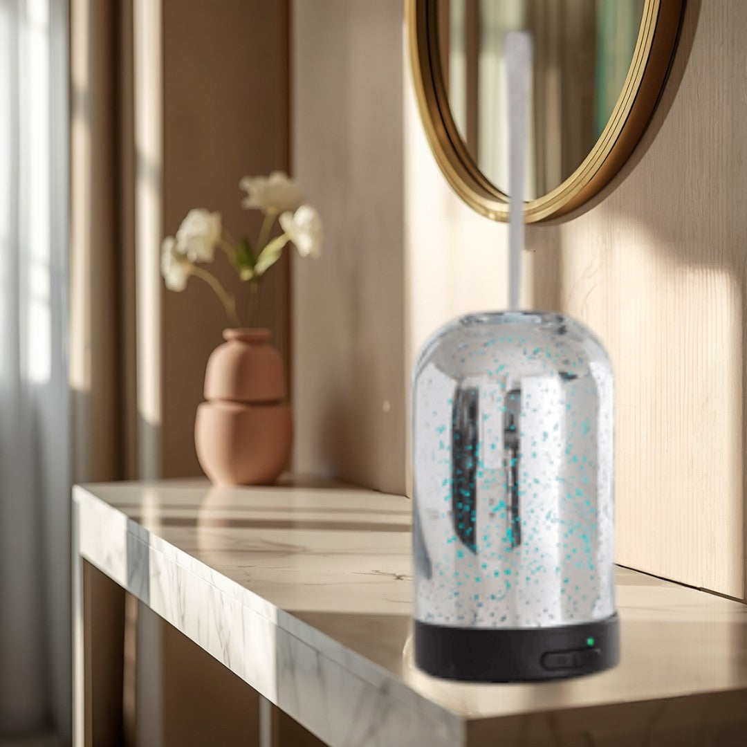 silver mercury glass dome diffuser with random holes, 100ml capacity, 7 LED colors, 2 mist modes.