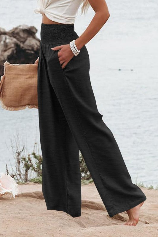 Black Shirred High Waist Wide Leg Pants