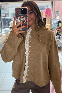 Simply Taupe Contrast Frilled Lace Trim Loose Cardigan Sweater