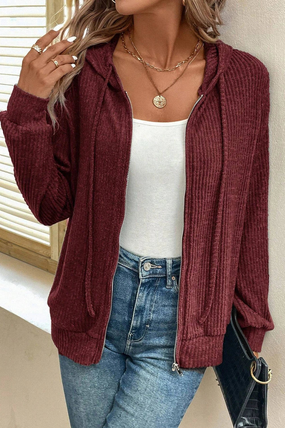Ribbed Zip Front Drawstring Hoodie