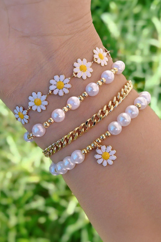 White Daisy Pearl Beaded Chain Bracelet Set