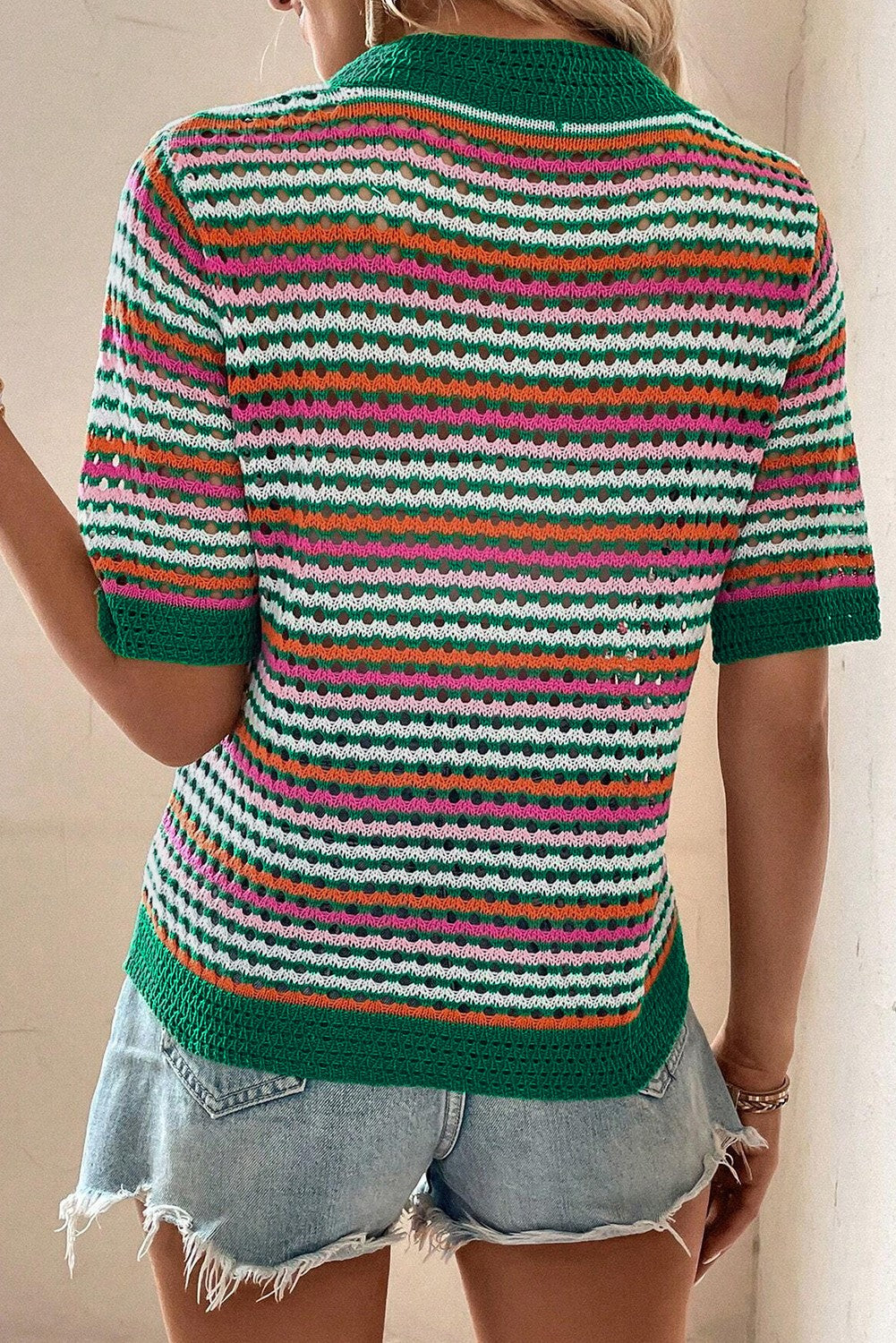 Striped Contrast Trim Pointelle Knit T Shirt