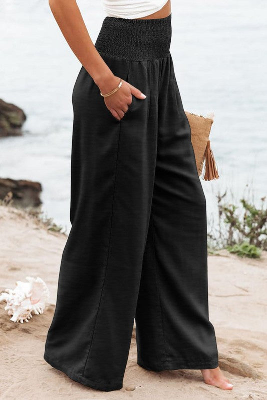 Black Shirred High Waist Wide Leg Pants