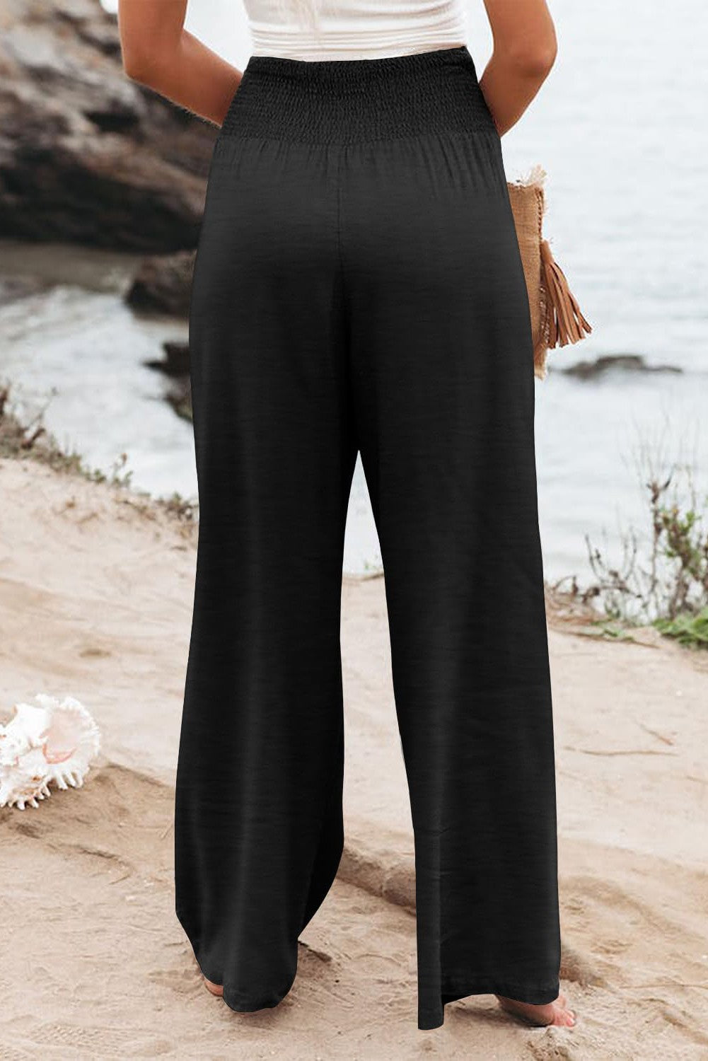 Black Shirred High Waist Wide Leg Pants