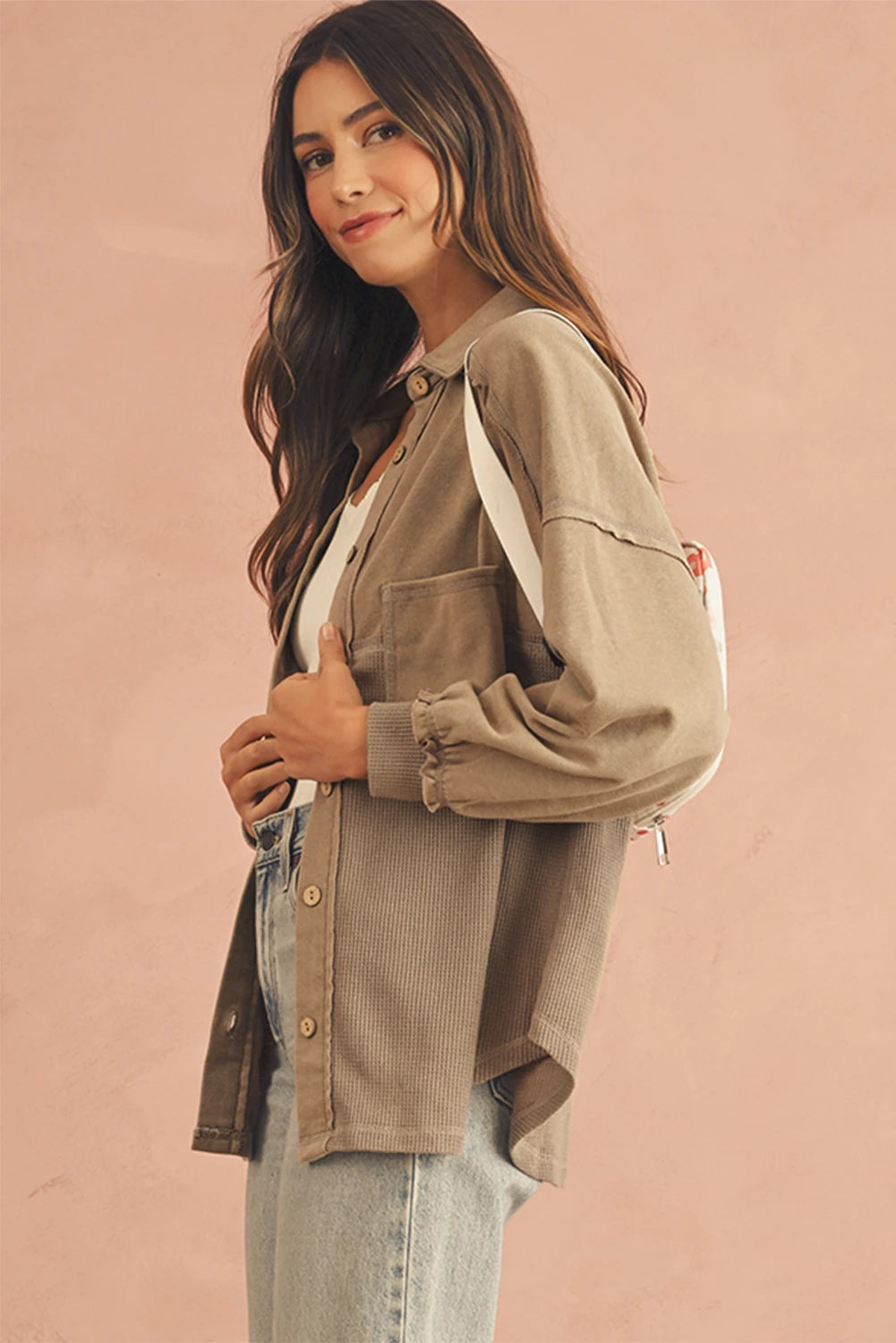 Tan Mineral Wash Patchwork Shacket