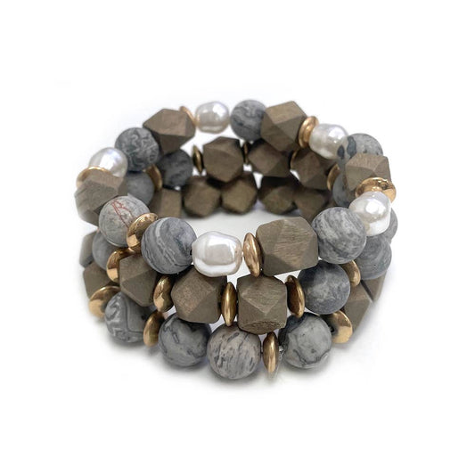 Wooden Bead Pearl Natural Stone Mixed Stretch Bracelets