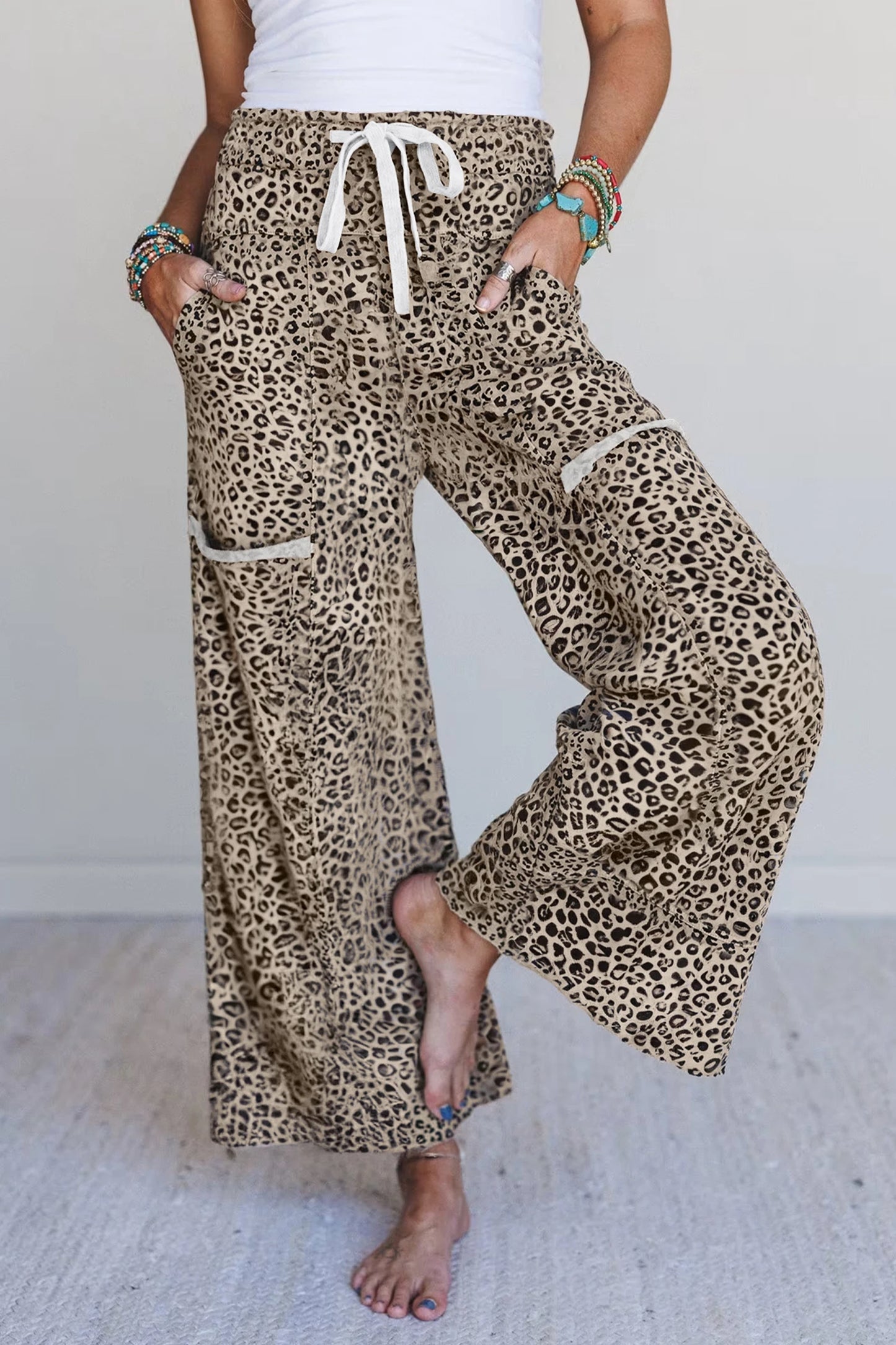 Khaki Leopard Print Wide Leg Knit Pants