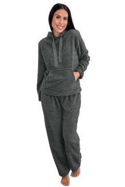 Grey Fuzzy Hoodie & Pants 2pcs Set