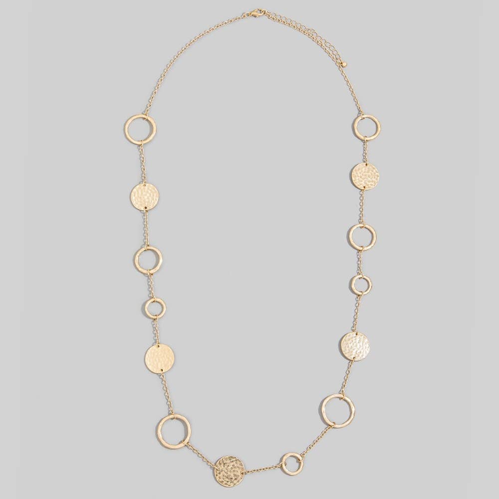 Long Hammered Disc & Open Circle Station Necklace