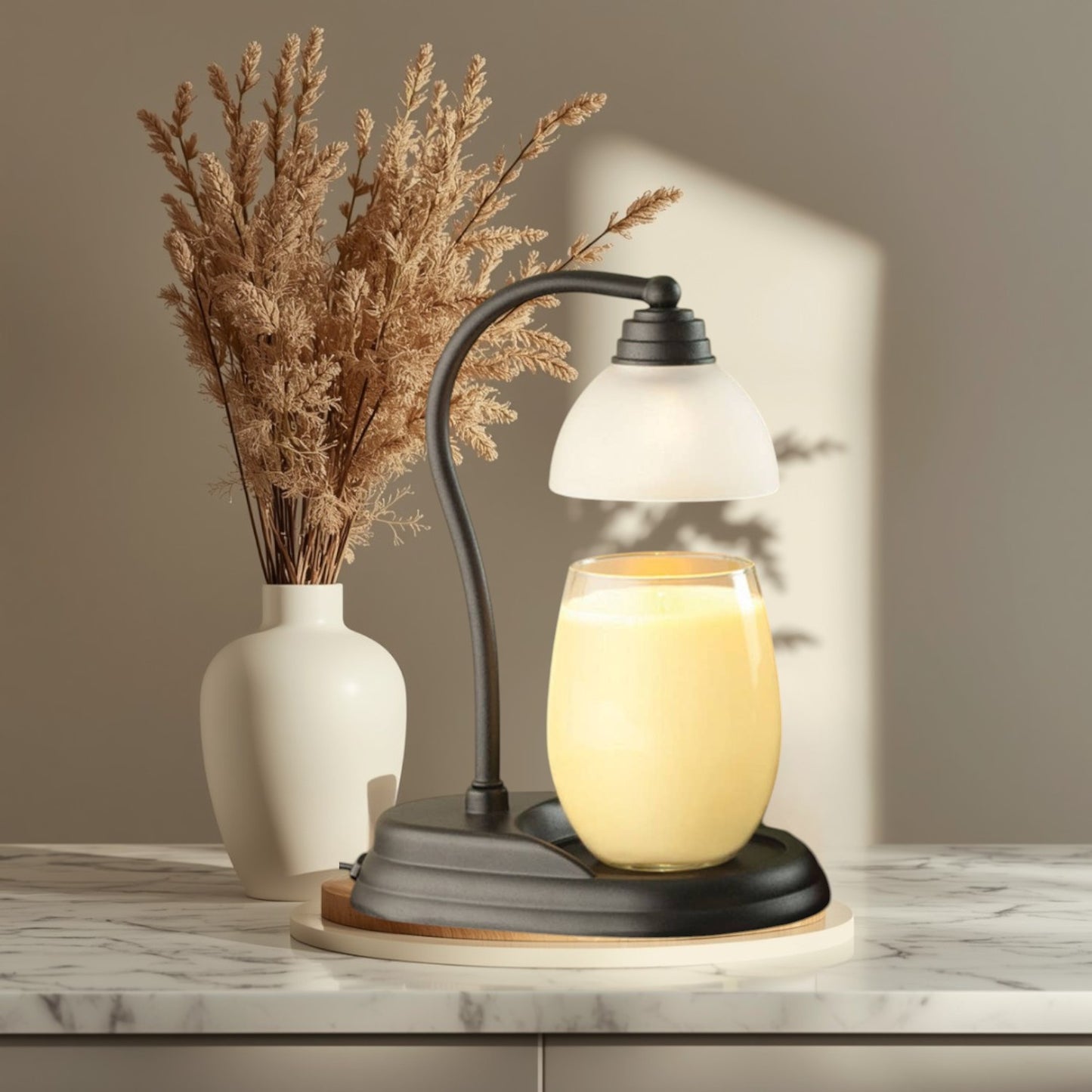 Aurora black candle warmer lamp with frosted shade and red candle.
