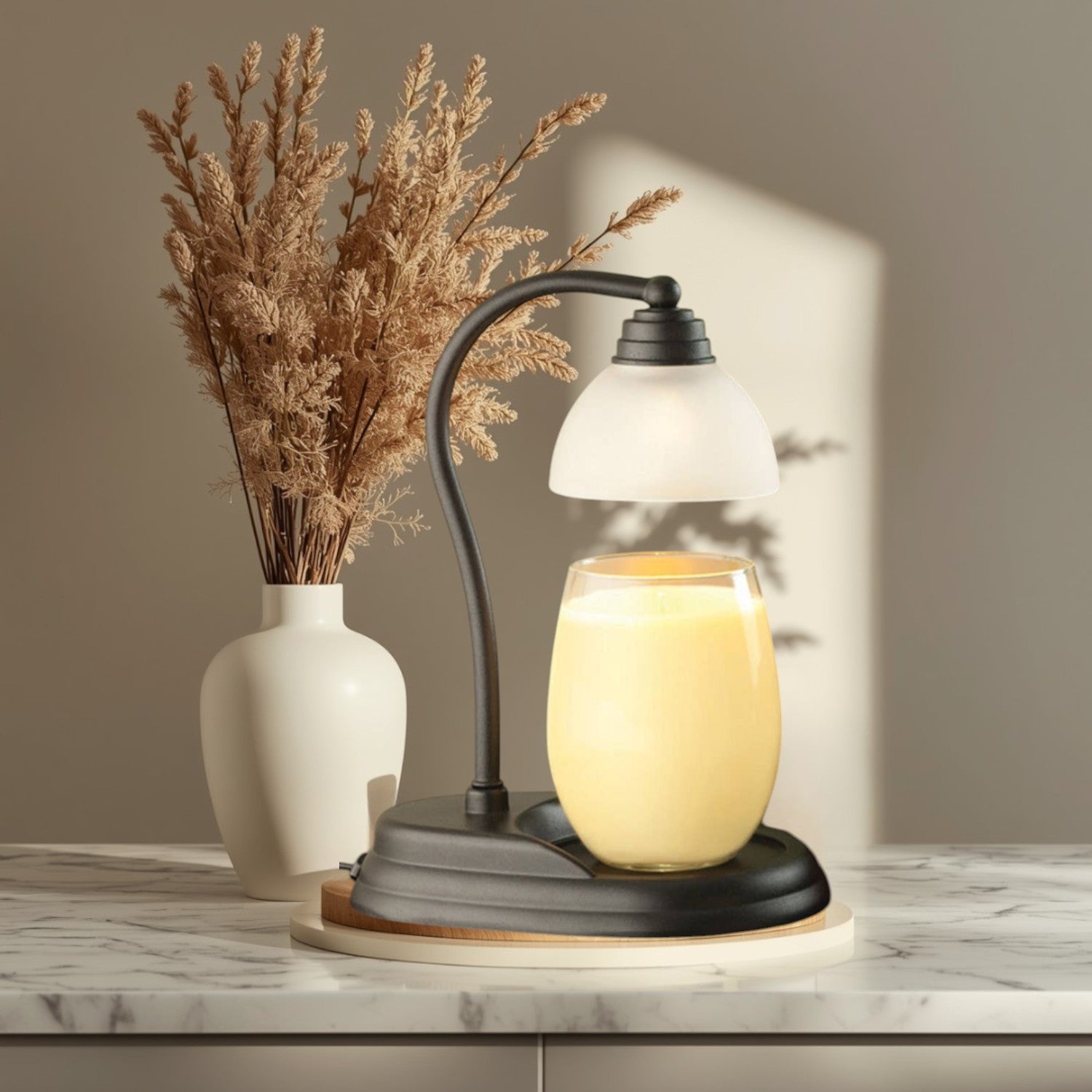 Aurora black candle warmer lamp with frosted shade and red candle.