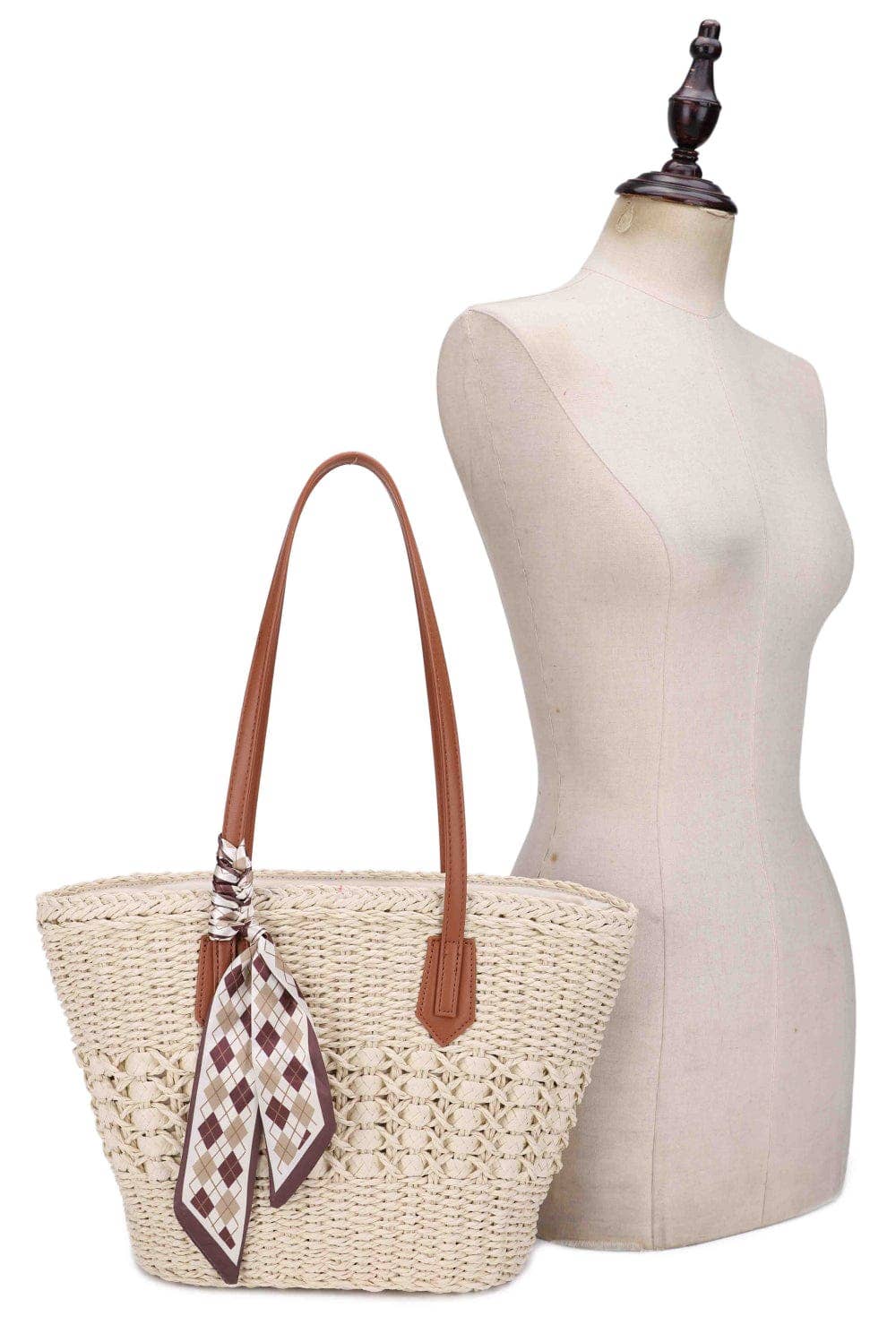 Penelope Straw Tote Bag With Scarf