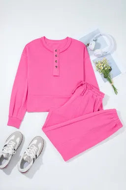 Bright Pink Henley Pullover and Jogger Pants Set
