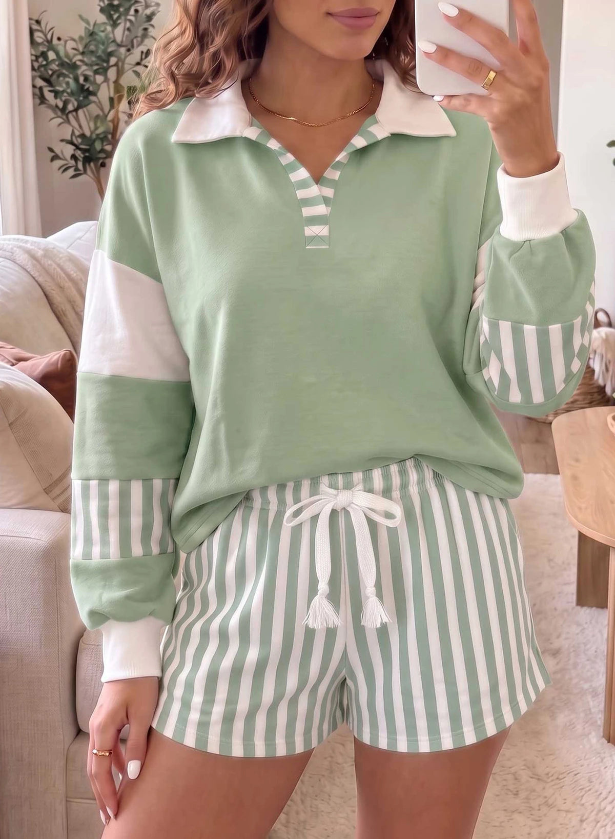 Smoke Green Striped Color Block Pullover Top Drawstring Shorts Set