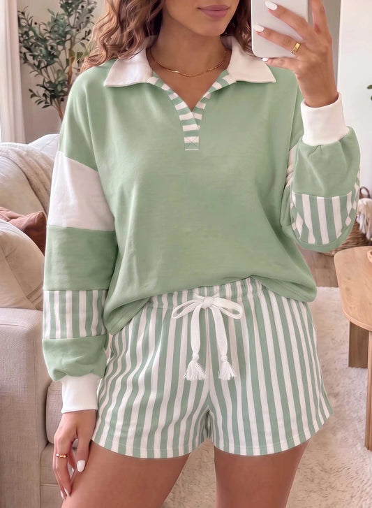 Smoke Green Striped Color Block Pullover Top Drawstring Shorts Set