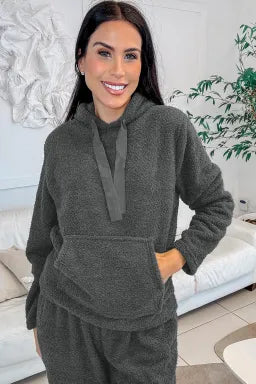 Grey Fuzzy Hoodie & Pants 2pcs Set