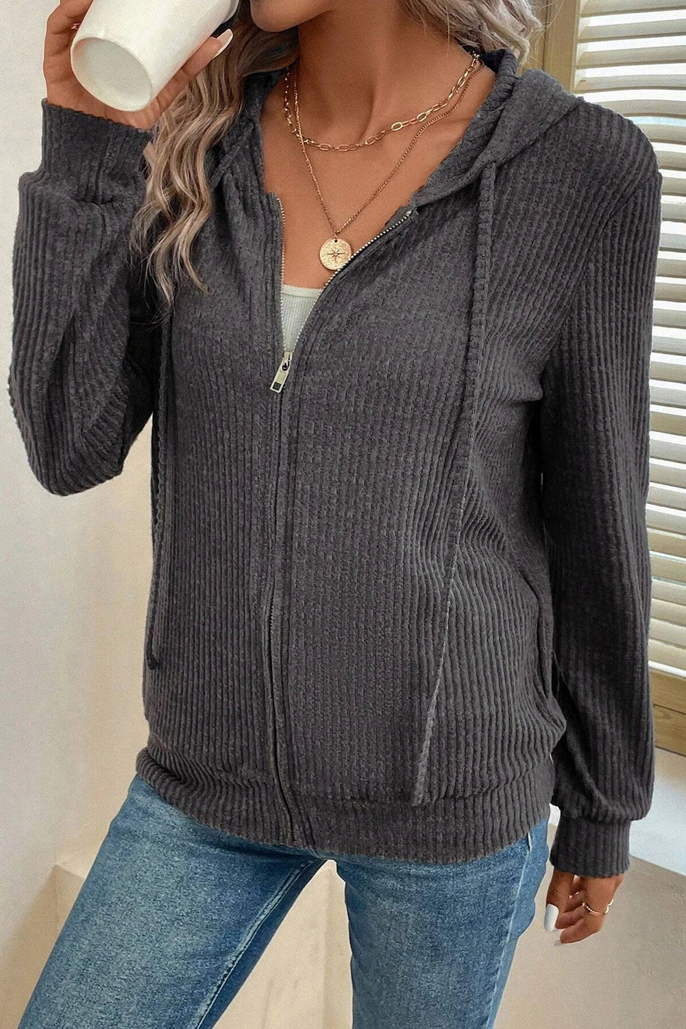 Ribbed Zip Front Drawstring Hoodie
