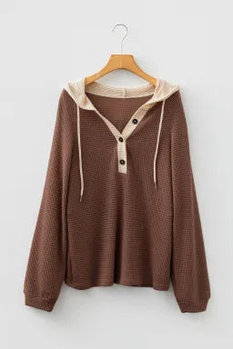Coffee Waffle Knit Hooded Top